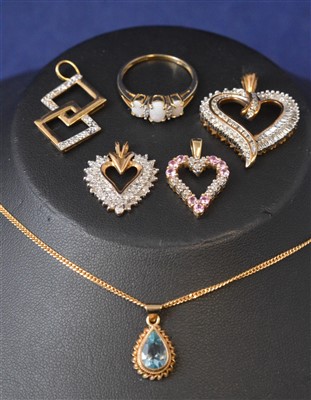 Lot 202 - Aquamarine pendant, opal and diamond ring, and diamond set pendants