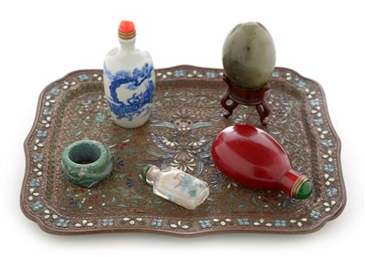 Lot 387 - Chinese blue and white snuff bottle, three others, hardstone egg, ring and cloisonne tray.