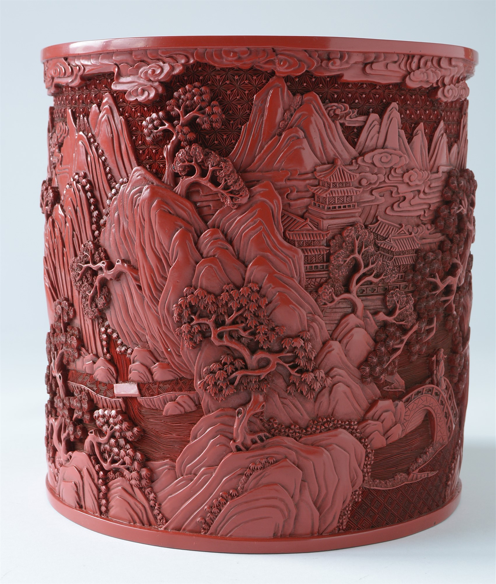 Chinese Cinnabar Carved Resin Brush Pot 