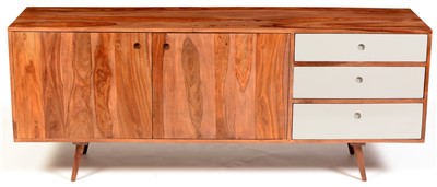 Lot 1580 - A 1960's style exotic wood and grey painted sideboard.