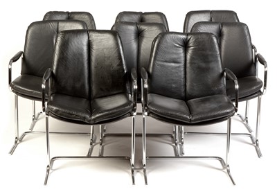 Lot 1585 - Tim Bates for Pieff: eight  'Eleganza' black leather and chrome chairs.