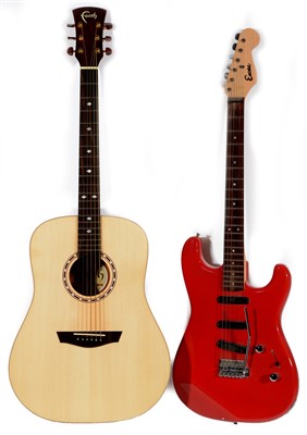 Lot 135 - A Faith Saturn left-handed jumbo acoustic guitar; and an Encore strat style guitar.