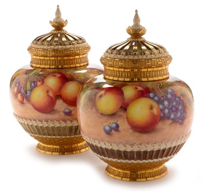 Lot 545 - Pair of Royal Worcester Fruit painted vases and covers by Freeman