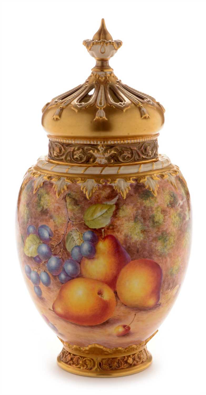 Lot 546 - Royal Worcester fruit painted vase and cover by Freeman