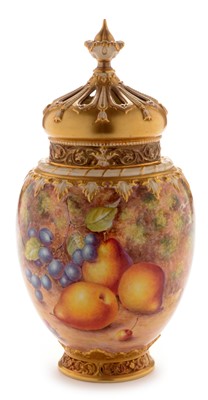 Lot 546 - Royal Worcester fruit painted vase and cover by Freeman