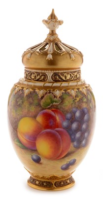 Lot 547 - Royal Worcester fruit painted pot pourri vase and cover by H Ayrton