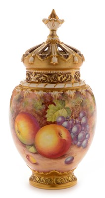 Lot 548 - Royal Worcester fruit painted pot pourri vase and cover by Freeman