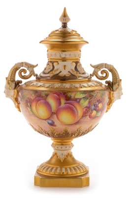 Lot 555 - Royal Worcester fruit painted vase and cover by Freeman