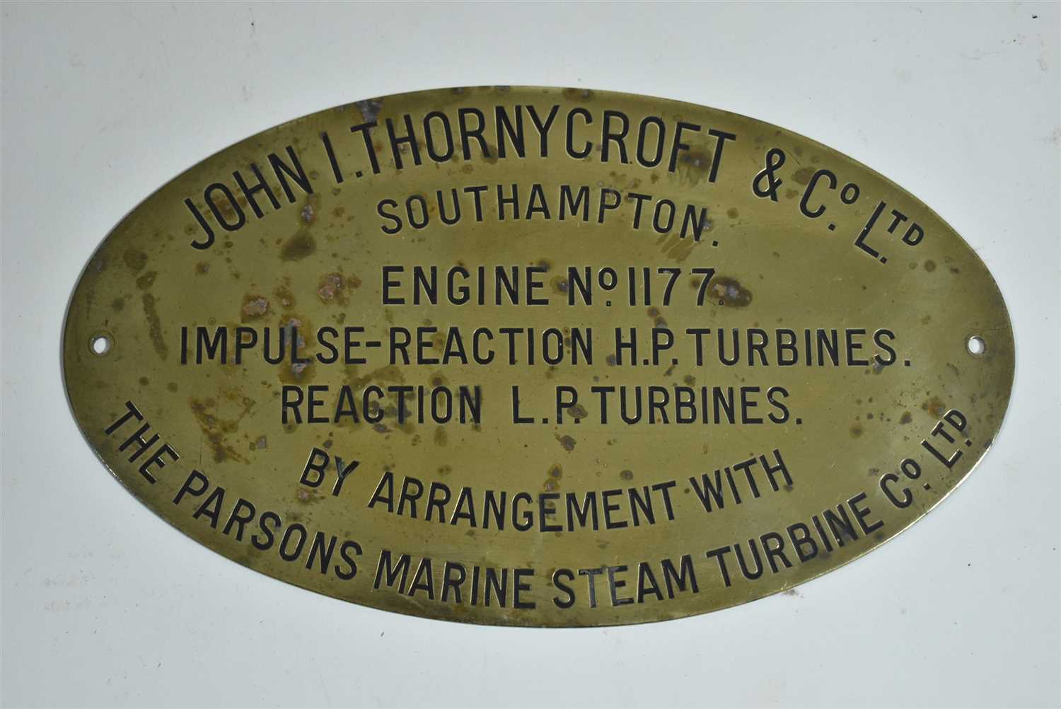 Lot 1446 - Engine Builder's Plate: Thornycroft No. 1177.