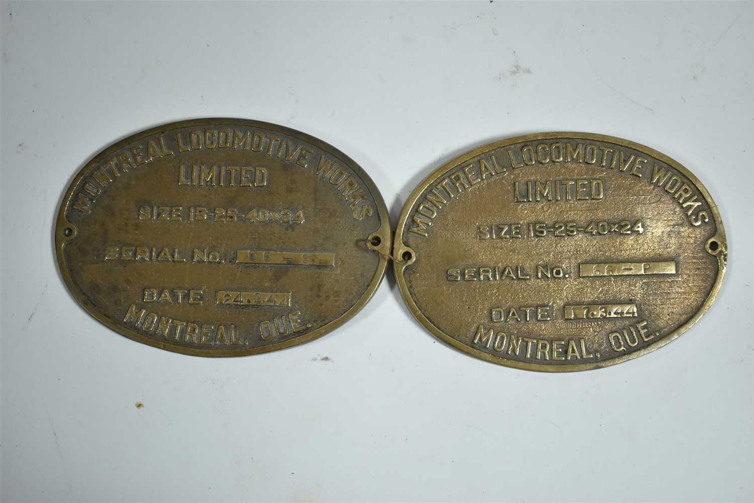 Lot 1447 - Engine Builder's Plates: Montreal Locomotive Works No. 66P and 66S.