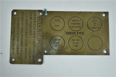 Lot 1449 - Check Fire tally plate from Tyne built cruiser HMS NEWCASTLE.