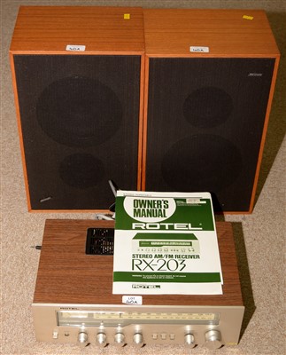 Lot 40A - A Rotel RX203 receiver; and two speakers by Solarvox.