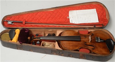 Lot 98A - Violin and bow cased with restorers label Thomas Alexander, 1968