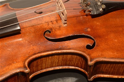Lot 98 - Violin and bow cased with restorers label Thomas Alexander, 1968