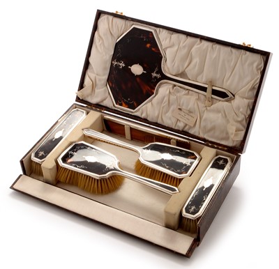 Lot 262 - Silver and tortoise shell dressing table set