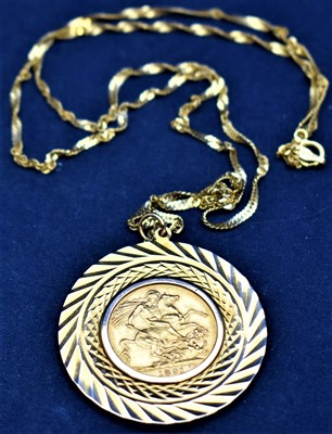 Lot 768 - Gold sovereign on mount and chain