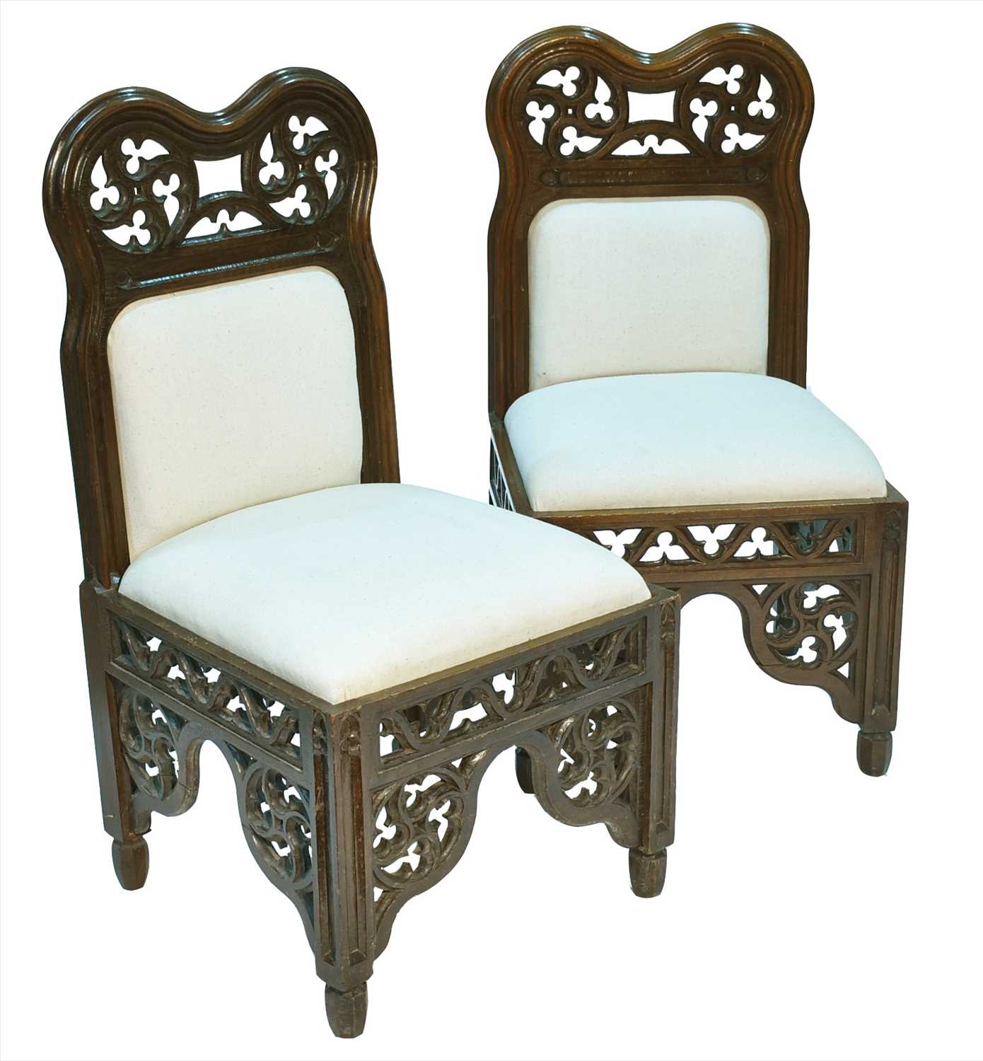 Lot 1236 - A pair of 19th Century Gothic oak and upholstered side chairs