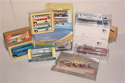 Lot 1356 - Die-cast model buses by Corgi; and a self assembly bus station.