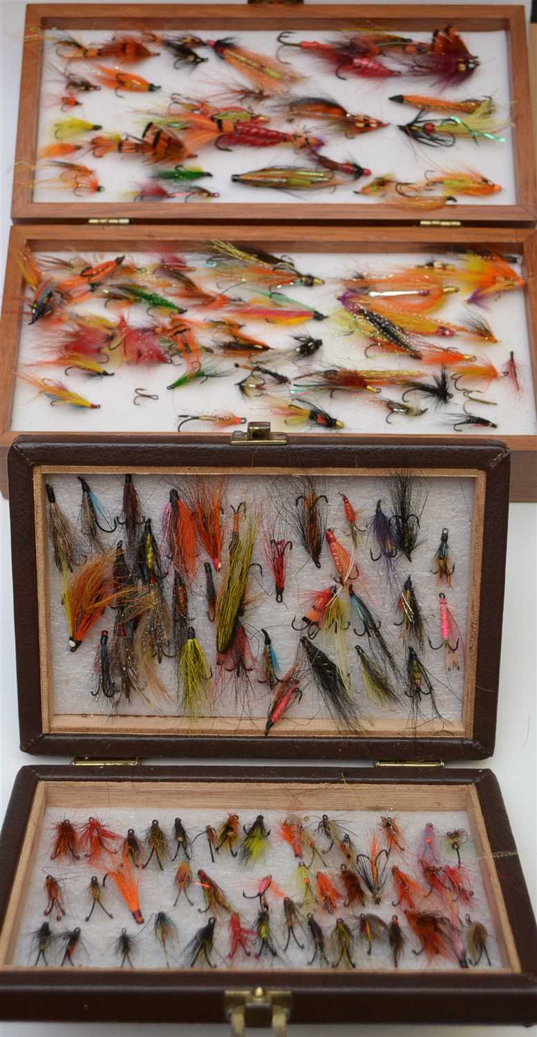 Lot 1598 - A wooden presentation case of flies; and a case of flies.