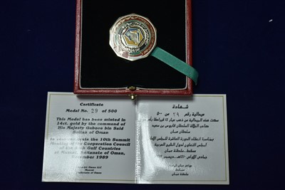 Lot 41 - Limited edition Oman medal, 14ct gold for His...