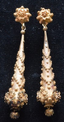 Lot 133 - A pair of yellow metal drop earrings