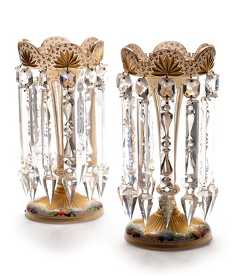 Lot 623 - A pair of Continental white overlay glass lustres.