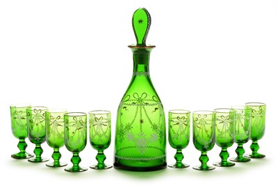 Lot 620 - Green decanter and ten matching glasses.
