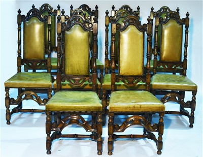 Lot 1253 - A set of ten 17th Century style turned and carved oak high back dining chairs