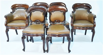 Lot 1241 - A set of six Victorian mahogany and leather upholstered dining chairs.