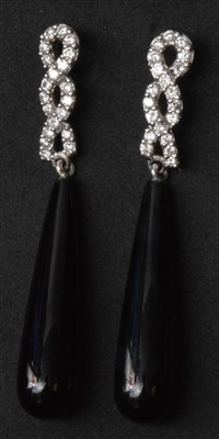 Lot 228 - Onyx and diamond drop earrings