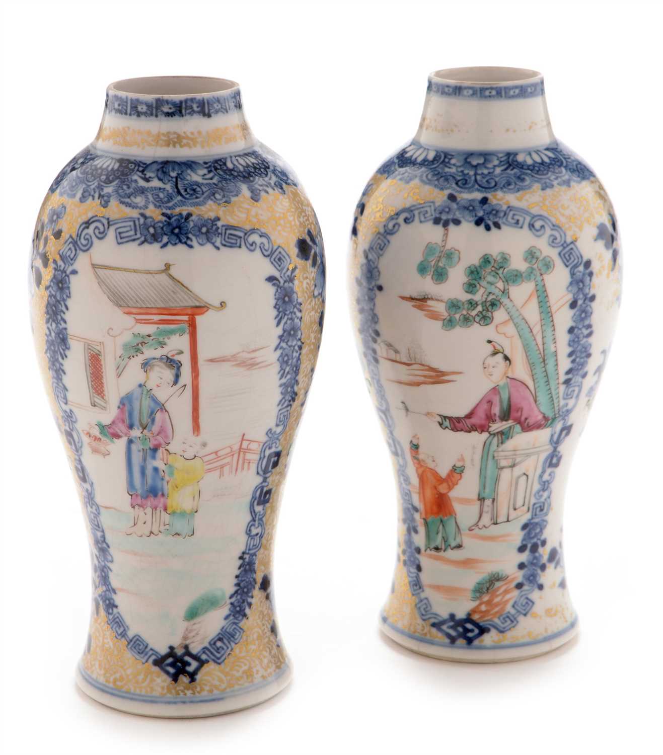 Lot 460 - A near pair of Chinese 'soft paste' Famille Rose baluster vases.