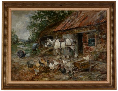 Lot 769 - John Falconar Slater - a farmyard scene with a carter harnessing a horse