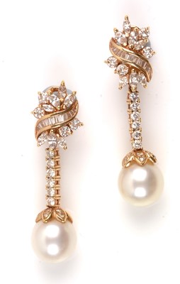 Lot 195 - Diamond and cultured pearl earrings