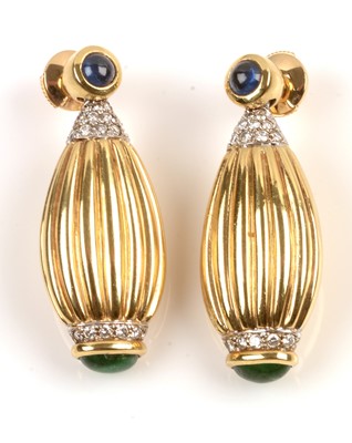 Lot 144 - Sapphire, Emerald, Diamond and 18ct gold earrings