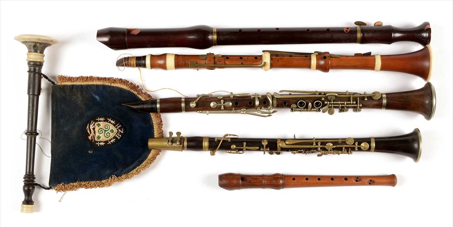 Lot 172 - Three clarinets; two recorders; and a chanter.