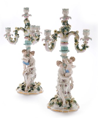Lot 493 - Pair of Dresden figural candelabra.