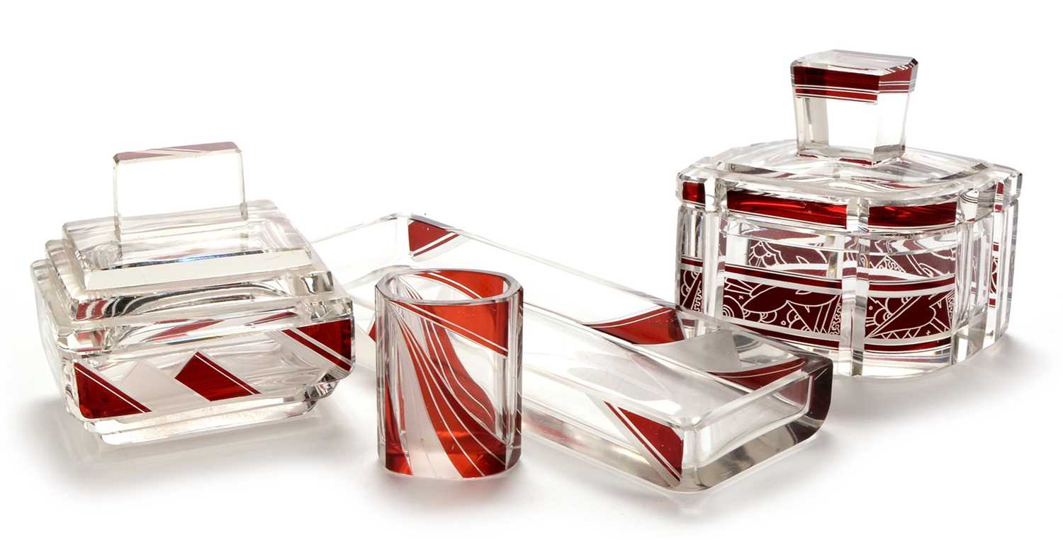 Lot 1111 - Composite Art Deco ruby flash dressing table set