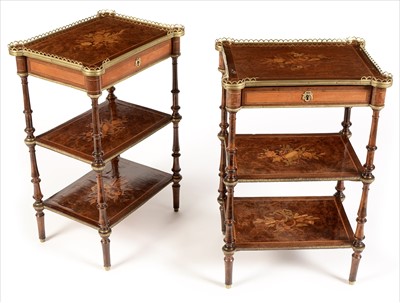 Lot 1177 - French 19th Century burr walnut and stained beech three-tier side tables