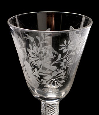 Lot 510 - Pair of engraved airtwist wine glasses