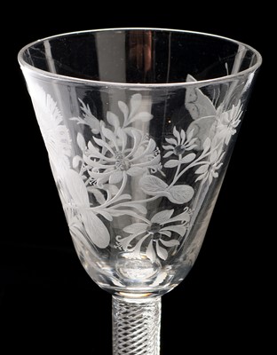 Lot 510 - Pair of engraved airtwist wine glasses