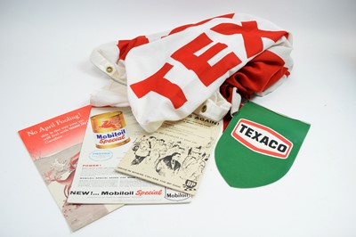 Lot 944 - Large Texaco flag, and three  advertising cards for BP, Mobiloil, and Texaco etc (5)