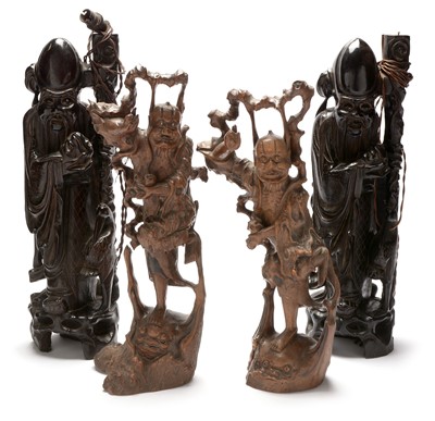 Lot 413 - Pair of Chinese rootwood figural lamps, pair of rootwood carvings