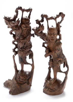 Lot 413 - Pair of Chinese rootwood figural lamps, pair of rootwood carvings