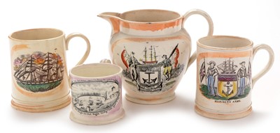 Lot 486 - Three Sunderland mugs and a jug