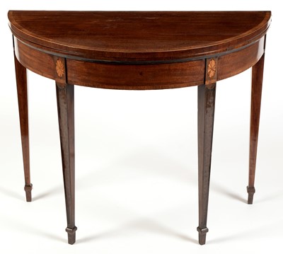 Lot 1124 - George III mahogany and rosewood crossbanded demi-lune tea table