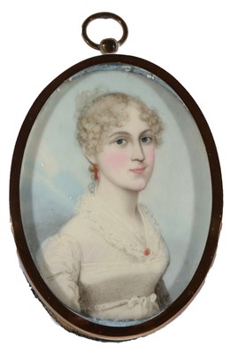 Lot 676 - British School - a miniature portrait of a young woman wearing an empire-line dress