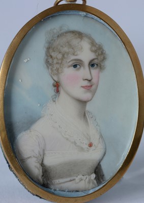 Lot 676 - British School - a miniature portrait of a young woman wearing an empire-line dress