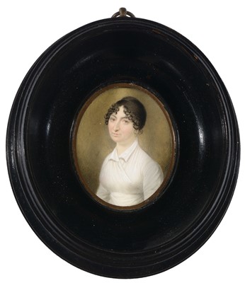 Lot 677 - Early 19th Century British School - a miniature bust portrait of a woman with dark hair in ringlets
