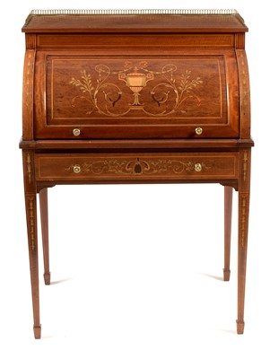 Lot 1190 - Edwardian inlaid cylinder bureau by James Schoolbred & Co