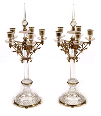 Lot 967 - Pair of late 19th Century cut glass and gilt brass candelabra.